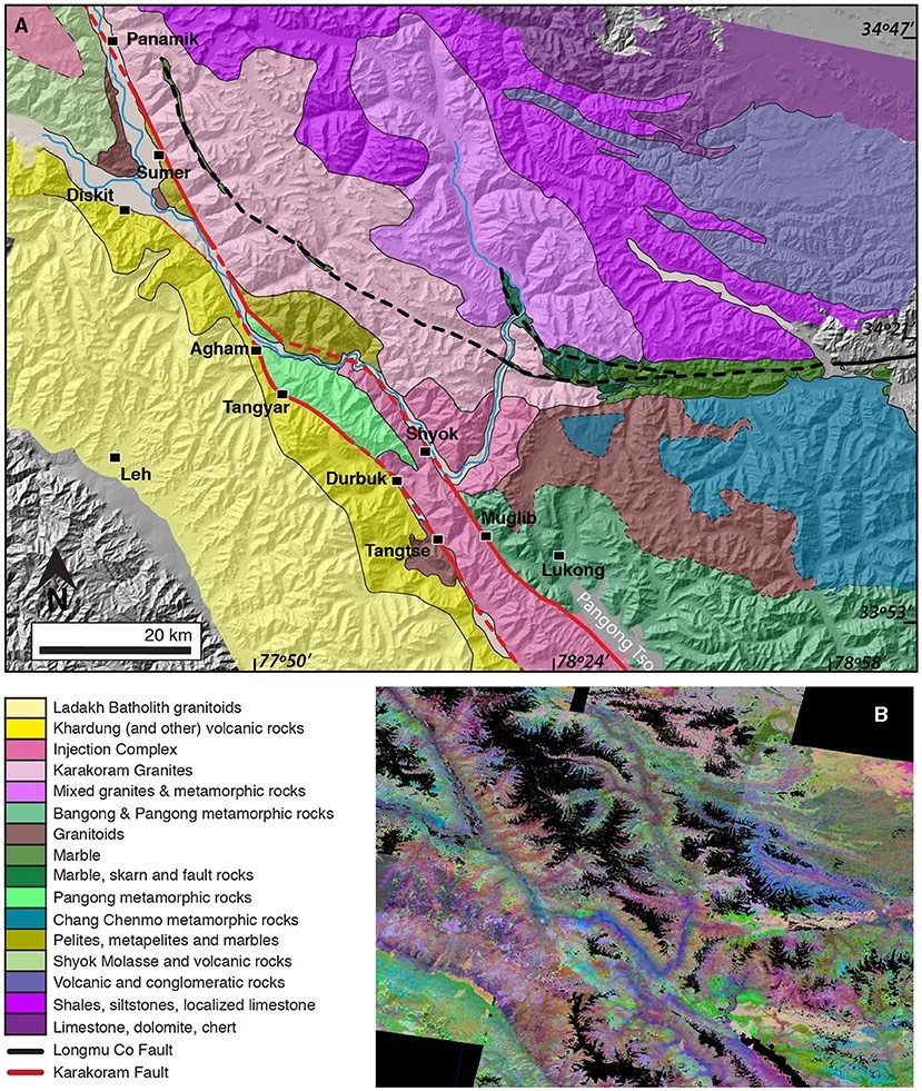 Geologic map of the Karakoram and Longmu Co fault region.