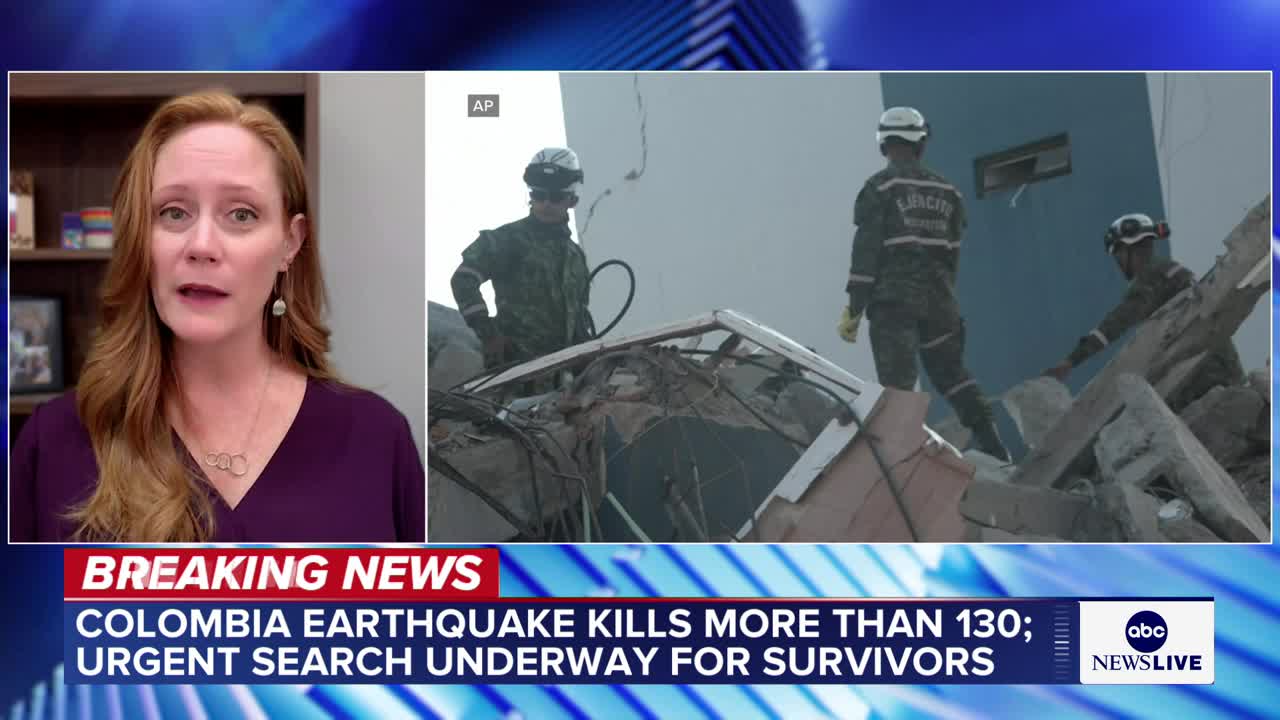 Wendy Bohon onscreen during ABC News Live's Colombia earthquake interview.