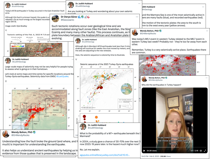 Collage of science communication posts by the article authors following the Türkiye–Syria earthquakes.