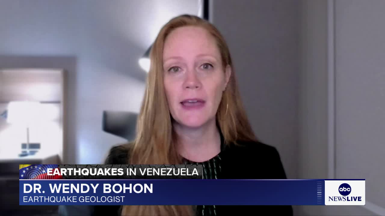 Wendy Bohon onscreen during ABC News Live's Venezuela earthquake interview.